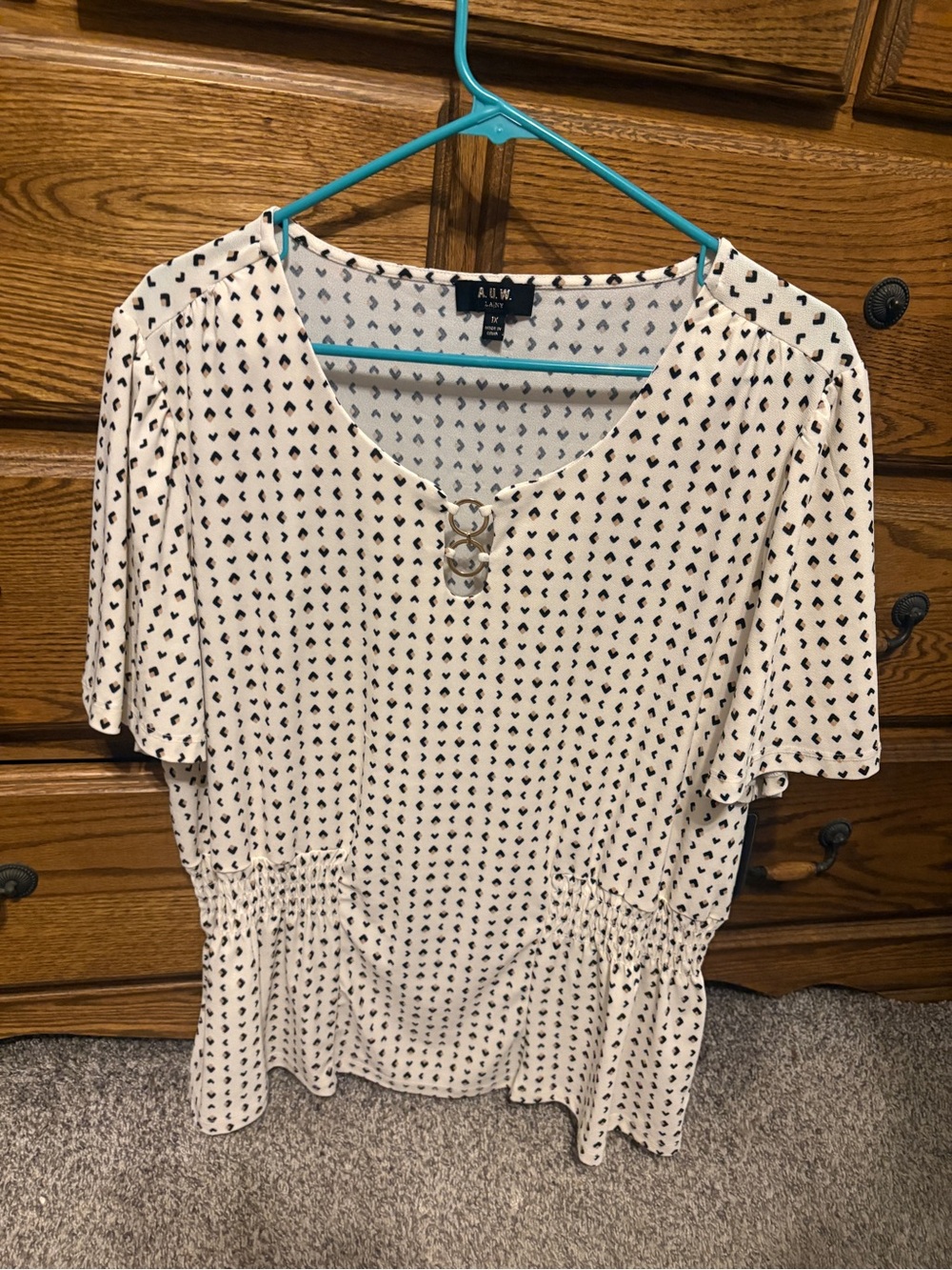 AUW Cream Blouse with Black Dot Print and Ring Accent
